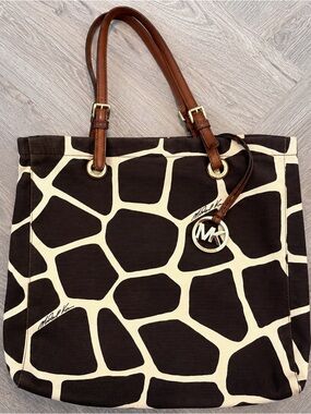 Michael Kors Vintage Giraffe Print Canvas Tote Brown Cream MK Logo